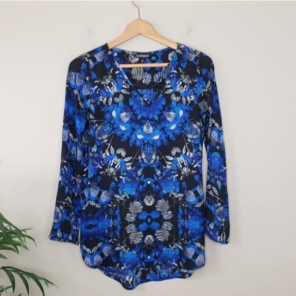 Express | Blue & Black Boho Print Blouse Size XS - Picture 1 of 4